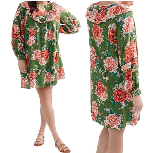 FARM Rio Dresses & Skirts - Farm Rio Anthropologie Elinor Tunic Dress Ruffles Long Sleeves Green Pink SMALL